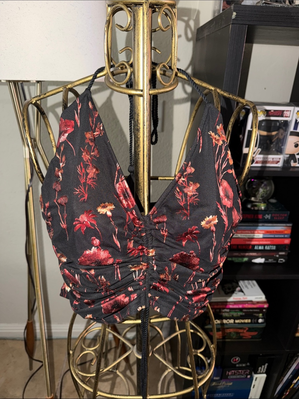 Current Mood Black Halter Crop Top with Red Floral Print